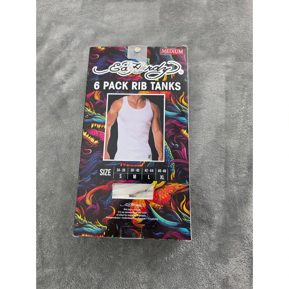 Ed Hardy Mens 6 Pack Ribbed Tank Tops White Tattoo Graphic Undershirts Medium